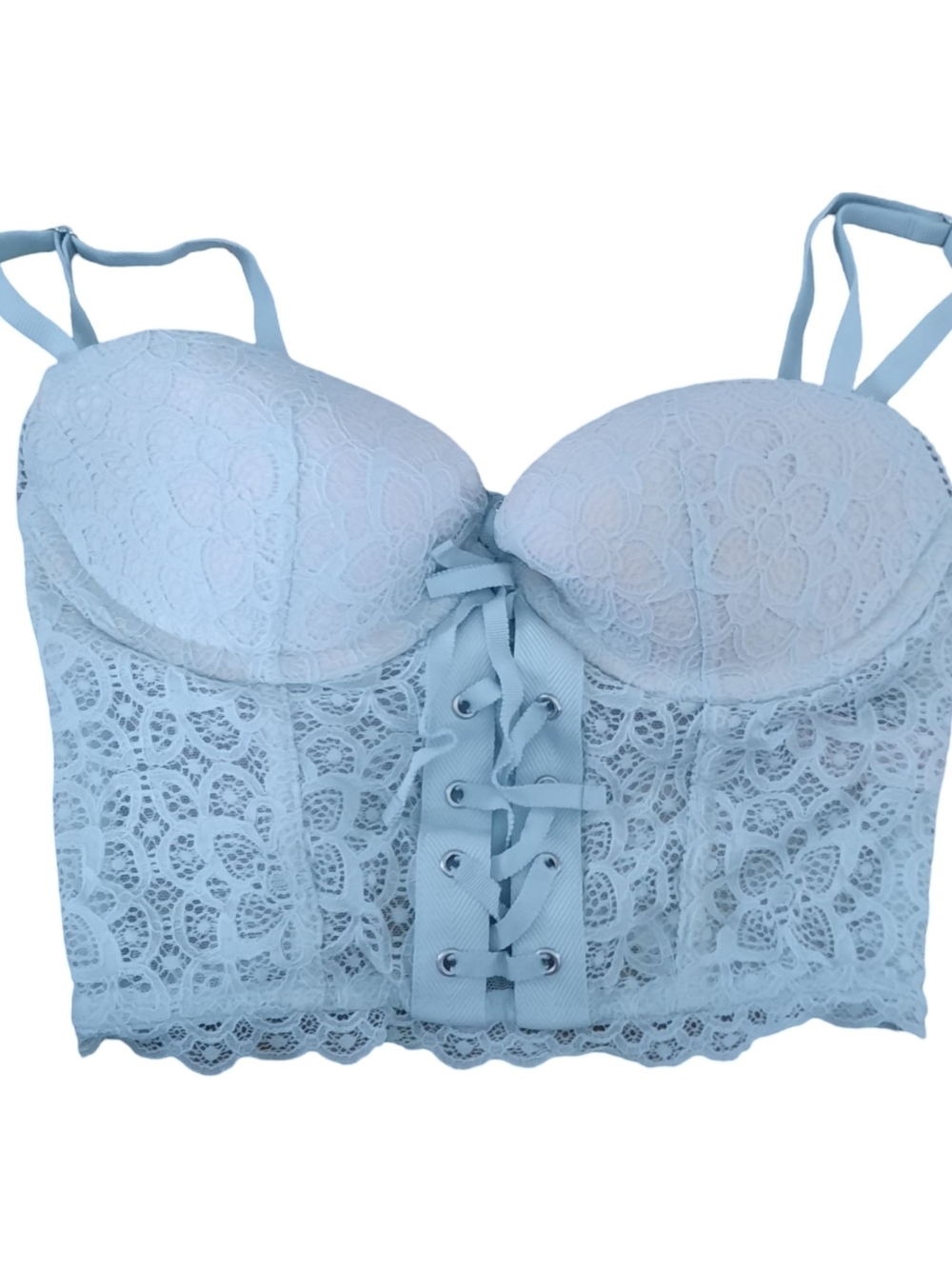 Victoria's Secret Pale Blue Lace Bustier with Front Ribbon Tie